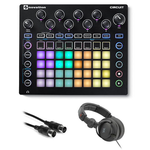 Novation Circuit Groove Box + Sample Import with Studio Monitor Headphones & 10' MIDI Cable Bundle