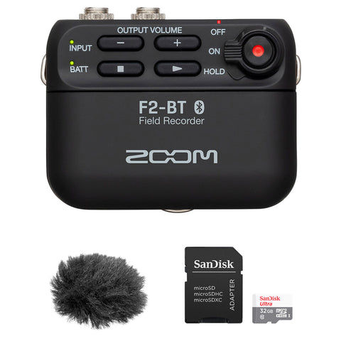 Zoom F2-BT Ultracompact Bluetooth Field Recorder (Lavalier Mic) Bundle with 32GB Memory Card & Fuzzy Windbuster