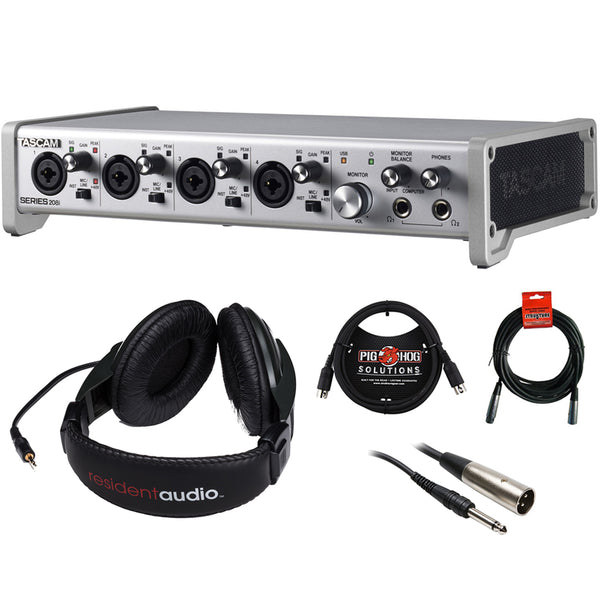 Tascam SERIES 208i USB Audio/MIDI Interface with R100 Stereo Headphones, 6ft MIDI Cable, XLR-XLR & XLR-TRS Cable Bundle
