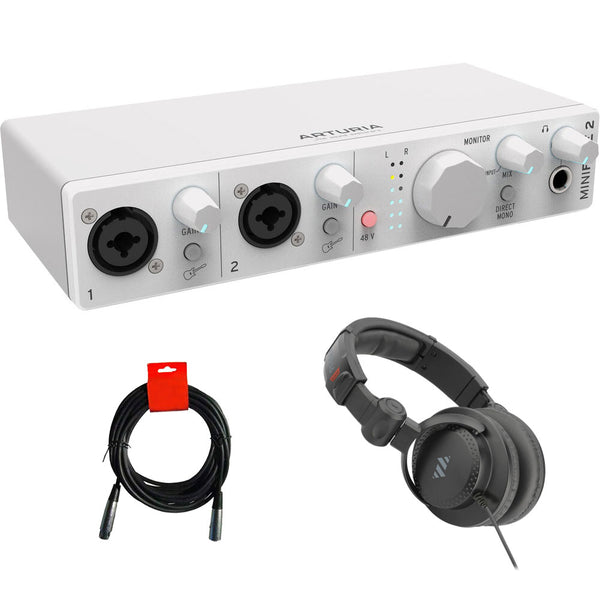 Arturia MiniFuse 2 Portable USB Type-C Audio/MIDI Interface (White) with Studio Pro Monitor Headphones and XLR-XLR Cable