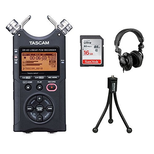 Tascam DR-40 4-Track Handheld Digital Audio Recorder with SnapPod Tabletop Tripod, HPC-A30 Monitor Headphones & 16GB Memory Card Kit
