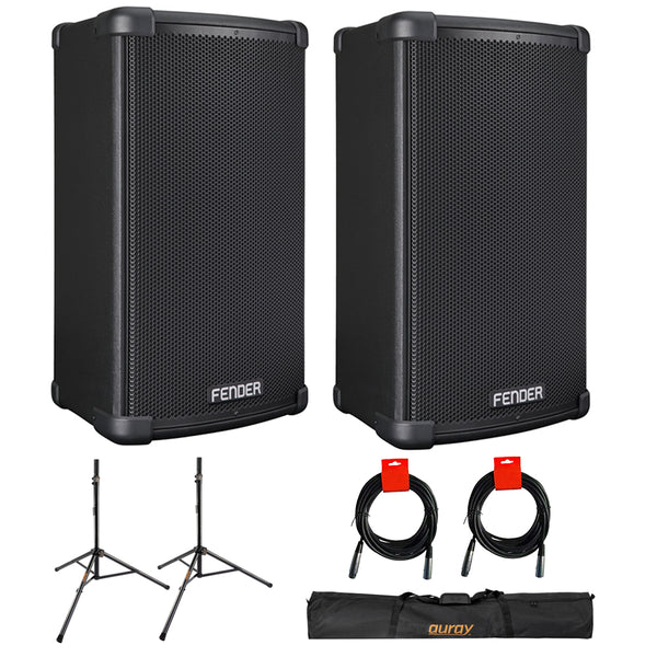 Fender Fighter 12" 2-Way 1100 Watts Powered Speaker (Pair) Bundle with Auray SS-47S-PB Steel Speaker Stands with Carrying Case and 2x XLR-XLR Cables