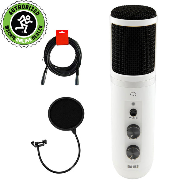 Mackie EM-USB EleMent Series USB Condenser Microphone (Limited Edition White) Bundle with Pop Filter and XLR-XLR Cable