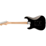 Squire Sonic Stratocaster Electric Guitar, Black, Maple Fingerboard, Black Pickguard Bundle with Fender Logo Guitar Strap Black, Fender 12-Pack Celluloid Picks, and Straight/Angle Instrument Cable