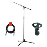 K&M 210/9 Tripod Microphone Stand with Telescoping Boom (Black), Elliptical Microphone Clip & 20' XLR Cable Bundle