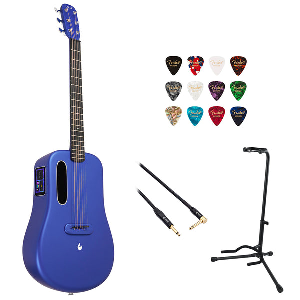 Lava Music ME 3 38" Touchscreen Acoustic Electric SmartGuitar with Gig Bag (Blue) Bundle with Kopul 10' Instrument Cable, Fender 12-Pack Picks, and Gator Guitar Stand