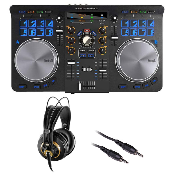 Hercules Universal DJ Bluetooth + USB DJ Controller with AKG K 240 Studio Pro Headphones & Stereo Mini Cable Bundle