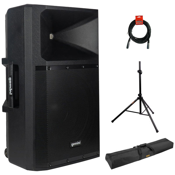 Gemini Sound GSP-2200: Elite 2200W 15" Active DJ PA Speaker with Bluetooth Stereo, Integrated 3-Channel Mixer Bundle with Steel Speaker Stand, Speaker Stand Bag and XLR Cable