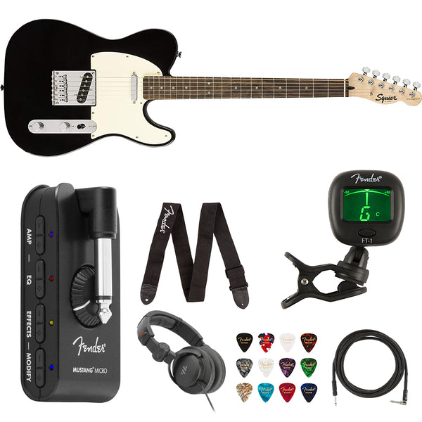 Squier by Fender Bullet Telecaster Laurel Fingerboard (Black) Bundle with Fender Mustang Micro Headphone Amp, Guitar Strap, 10ft Instrument Cable, FT-1 Clip-On Tuner, 12-Pack Picks, and Headphone