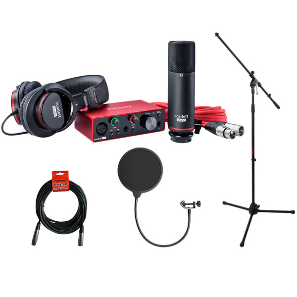 Focusrite Scarlett Solo Studio 3rd Gen 2-in, 2-out Audio Interface with Microphone & Headphones, Tripod Mic Stand + Boom, Kellopy Pop Filter & XLR Cable Bundle