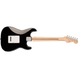 Squier Sonic Stratocaster Electric Guitar Black, Maple Fingerboard, White Pickguard, Left-Handed Bundle with Fender Logo Guitar Strap Black, Fender 12-Pack Celluloid Picks, and Straight/Angle Instrument Cable