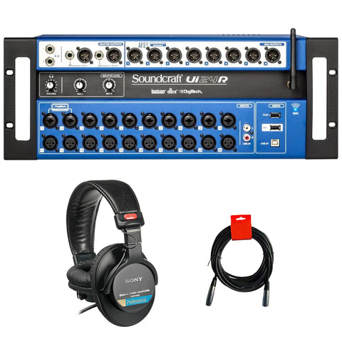 Soundcraft Ui24R 24-Channel Digital Mixer / Multitrack USB Recorder Bundle with Sony MDR-7506 Headphones and XLR Cable