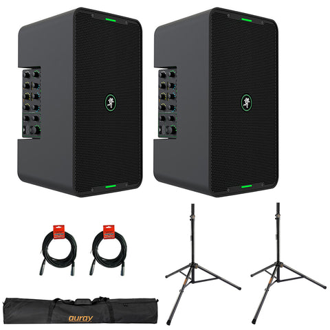 Mackie ShowBox All-in-One Battery-Powered 400W 8" Live Performance Rig with Breakaway Mix Control (Pair) Bundle with Auray Steel Speaker Stands with Tripod Base, Carrying Case and 2x XLR Cable