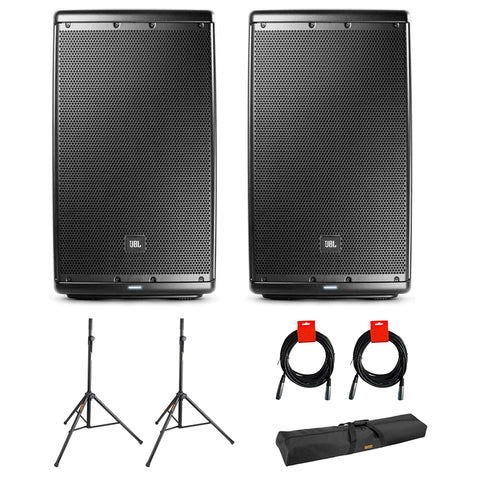 JBL EON615 Two-Way 15" 1000W Powered PA Speaker, Bluetooth (Pair) Bundle with 2x Speaker Stand, 2x XLR Cable & Stand Bag