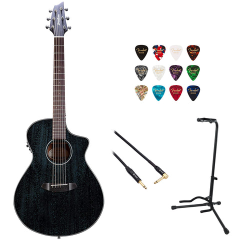 Breedlove ECO Rainforest S Concert CE Acoustic-Electric Guitar - Midnight Blue African Mahogany Bundle with Kopul 10' Instrument Cable, Fender 12-Pack Picks, and Gator Guitar Stand