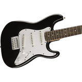 Squier by Fender Mini Stratocaster Beginner Electric Guitar (Indian Laurel Fingerboard, Black) Bundle with Fender 10ft Cable (Straight/Straight), Fender Guitar 12-Pack Picks, and Fender 2" Guitar Straps