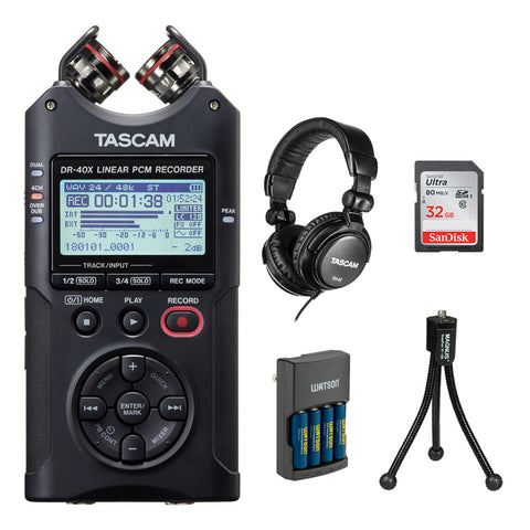 Tascam DR-40X Four-Track Digital Audio Recorder with Tascam TH-02 Studio Headphones (Black), 32GB Memory Card, Charger with 4 AA Batteries & Tripod Bundle