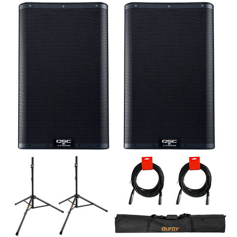 QSC K10.2 Active 10" Powered 2000 Watt PA Loudspeaker (Pair) Bundle with Auray SS-47S-PB Speaker Stand with Carrying Case and XLR-XLR Cable