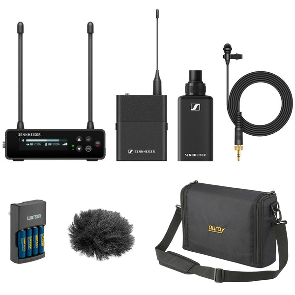 Sennheiser EW-DP ENG SET Camera-Mount Digital Wireless Combo Microphone System (R4-9: 552 to 607 MHz) Bundle with Auray WSB-1S Carrying Bag, WLW Fuzzy Windbuster, and Watson Rapid Charger (4 AA Batteries)