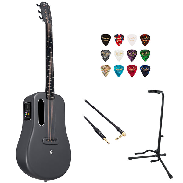Lava Music ME 3 38" Touchscreen Acoustic Electric SmartGuitar with Gig Bag (Gray) Bundle with Kopul 10' Instrument Cable, Fender 12-Pack Picks, and Gator Guitar Stand