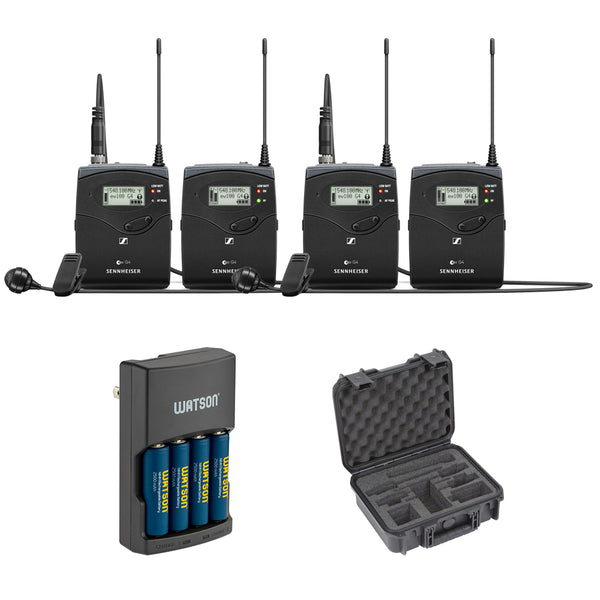 Sennheiser EW 122P G4 Camera-Mount Wireless Lavalier Microphone System, A1: 470 to 516 MHz (2-Pack) Bundle with SKB 3I1209-4-BH4 SKB iSeries Waterproof Case and Rapid Charger with 4 AA Batteries