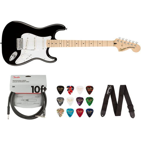 Squier by Fender Affinity Series Stratocaster (Maple fingerboard, Black) Bundle with Fender 10ft Cable (Straight/Straight), Fender Guitar 12-Pack Picks, and Fender 2" Guitar Straps