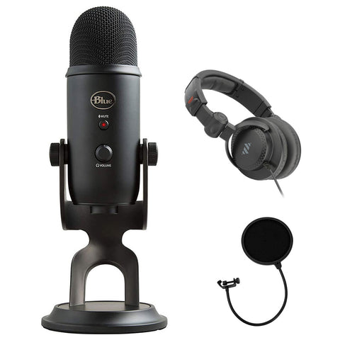 Blue Yeti Blackout USB Professional Multi-Pattern USB Microphone Plus Pack Bundle with Presonus StudioOne 5 artist DAW, iZotope RX elements Plug-in and Groover 3 Tutorials 3-Month Subscription, Polsen Headphone & Pop Filter