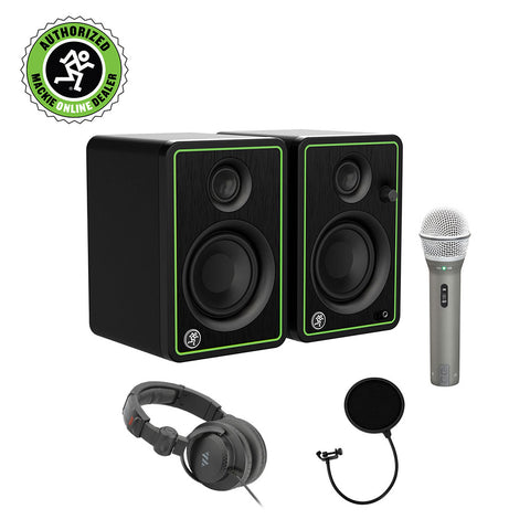 Mackie CR3-XBT Creative Reference Series 3" Multimedia Monitors with Bluetooth (Pair) Bundle with Samson Q2U Recording & Podcasting Pack, Polsen Studio Headphone and Pop Filter