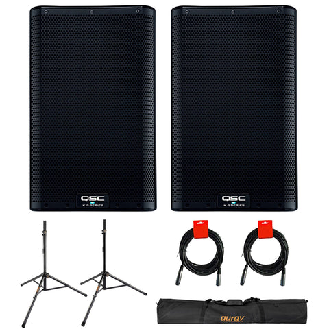 QSC K8.2 Two-Way 8" 2000W Powered Portable PA Speaker with DSP Processor (Pair) Bundle with Auray SS-47S-PB Steel Speaker Stand with Case and 2x XLR-XLR Cable