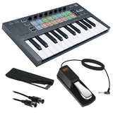 Novation FLkey Mini USB MIDI Keyboard Controller for FL Studio (25-Mini Keys) Bundle with Auray FP-P1L Piano-Style Sustain Pedal, 10' MIDI Cable, and Medium Dust Cover