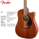 Fender CD-60SCE Dreadnought Acoustic Guitar (All Mahogany) Bundle with Fender Classic Celluloid Guitar Medium 12-Pack Picks 351 Shape and Fender 2" Guitar Straps