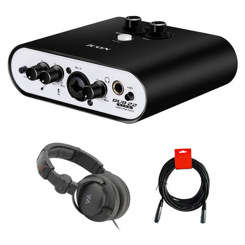 Icon Pro Audio Duo22 Live 2x2 Livestream USB Audio Interface Bundle with Polsen Studio Monitor Headphone and XLR-XLR Cable