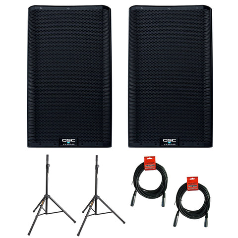 QSC K12.2 Active 12" Powered 2000 Watt Loudspeaker - Open Box (Pair) with (2) Steel Speaker Stand & (2) XLR Cable Bundle