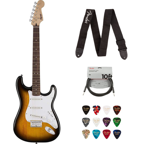 Squier Bullet Stratocaster HT SSS Electric Guitar, Brown Sunburst, Laurel Fingerboard Bundle with Fender Classic Celluloid Guitar Picks, 12-Pack, Professional Instrument Cable (10ft) and Logo Guitar Strap