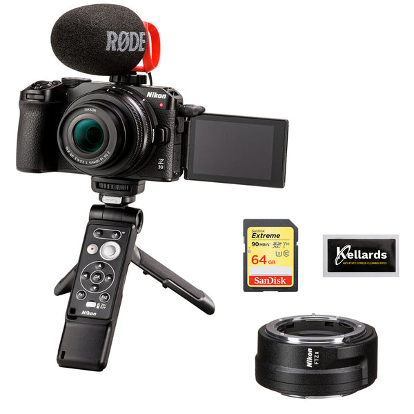 Nikon Z30 Creator's Kit with Nikon FTZ II Mount Adapter, 64GB UHS-I SDXC Memory Card, and Kellards Cleaning Pack