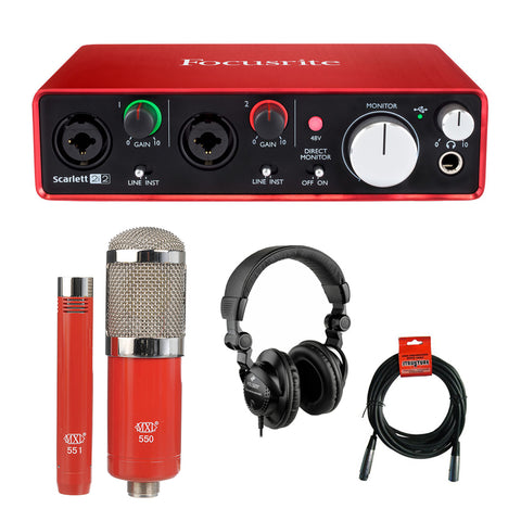 Focusrite Scarlett 2i2 USB Audio Interface (2nd Gen) with MXL 550/551 Microphone, Polsen HPC-A30 Headphones & XLR Cable Bundle