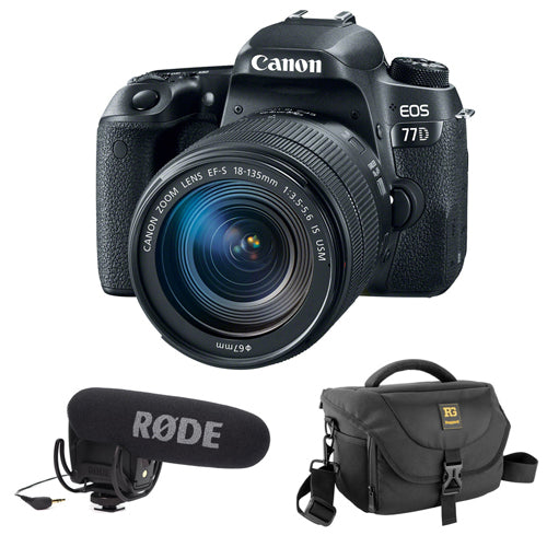 Canon EOS 77D DSLR Camera with 18-135mm USM Lens plus Rode VideoMic Pro, Rycote Lyre Shockmount and Journey 34 DSLR Shoulder Bag (Black)