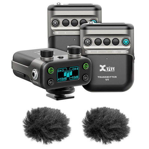 Xvive Audio U5T2 Dual-Channel Wireless Mic for Cameras Digital Omni Lavalier Microphone System 2.4 GHz, 1 Receiver, 2 Transmitters + 2 Lavalier Mics for DSLR/Video Cameras,Recorder,YouTube Streamer Bundle with 2x Fuzzy Windbuster