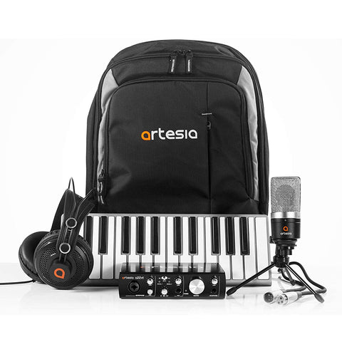 Artesia ARB-6 Backpack Recording Studio Bundle with Xkey 25-key MIDI Keyboard & Case, Pro 24-bit USB Audio Interface, Studio Monitor Headphones, Cardioid Condenser Mic & Backpack