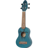 Ortega Guitars, 4-String Keiki Series Sopranino Ukulele with Turtle Etching, Right, Transparent ocean blue, (K1-BL)