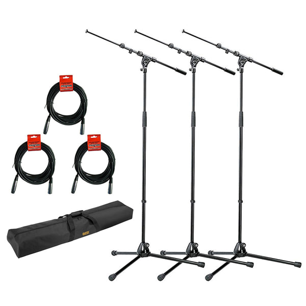K&M 210/9 Tripod Microphone Stand, 3-Pack with Stand Bag 51" Interior & (3) 20' XLR Cable Bundle