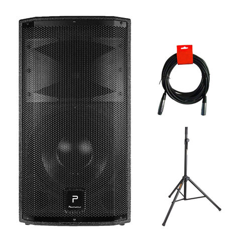 PowerWerks 12" 1000 Watt Powered Active Bluetooth Speaker Cabinet (PW12PRO) with Steel Speaker Stand & XLR-XLR Cable Bundle