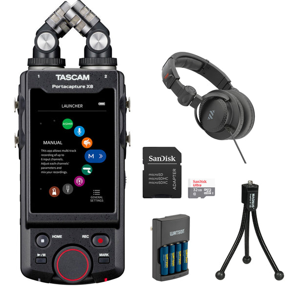 Tascam Portacapture X8 6-Input Handheld Multitrack Recorder Bundle with 32GB Ultra UHS-I Memory Card, Compact Tabletop Tripod, Studio Headphones and Rapid Charger with 4 AA NiMH Rechargeable Batteries