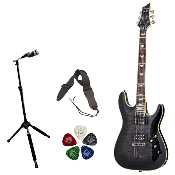 Schecter Omen Extreme-6 Electric Guitar (See-Thru Black) Bundle with Ultimate Support Pro Guitar Stand, Guitar Strap and Classic Guitar Pick (10-Pack)