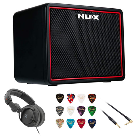 NuX Mighty Lite BT Wireless Stereo Modeling Guitar Amplifier with Bluetooth Bundle with Kopul 10' Instrument Cable, Polsen HPC-A30-MK2 Studio Headphones and Fender 12-Pack Picks