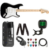 Squier by Fender Affinity Series Stratocaster, Maple fingerboard (Black) Bundle with Fender Mustang Micro Headphone Amp, Guitar Strap, 10ft Instrument Cable, FT-1 Clip-On Tuner, 12-Pack Picks, and Headphone