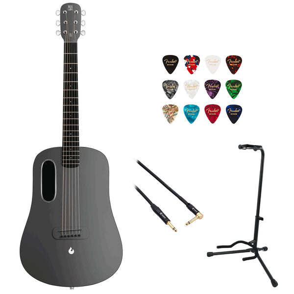 Lava Music Blue Lava 36" Electric Acoustic SmartGuitar with HiLava System and AirFlow Bag (Midnight Black) Bundle with Kopul 10' Instrument Cable, Fender 12-Pack Picks, and Gator Guitar Stand