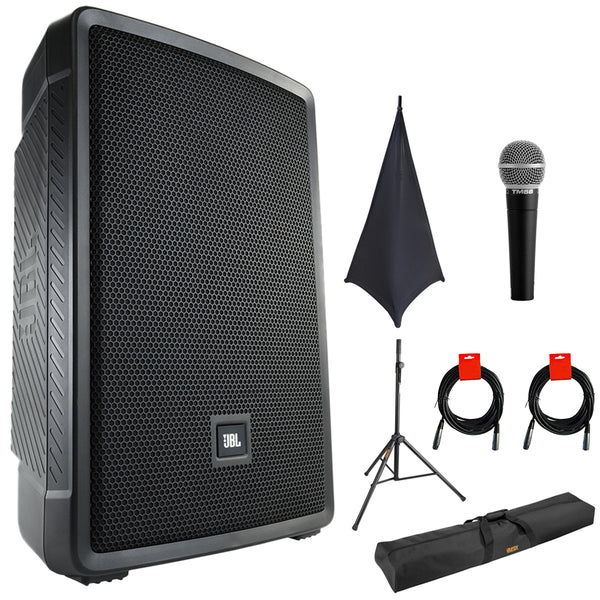 JBL IRX112BT Compact Powered 12" Portable Speaker (Bluetooth) Bundle with On-Stage SSA100 Speaker Stand Skirt, Auray Adjustable Speaker Stand, 51" Stand Bag, Vocal Mic, and 2x XLR-XLR Cable