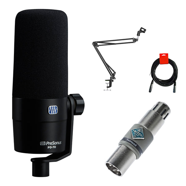 PreSonus PD-70 Dynamic Cardioid Broadcast Microphone Bundle with Triton Audio FetHead In-Line Mic Preamp, Mic Suspension Boom Arm and XLR Cable