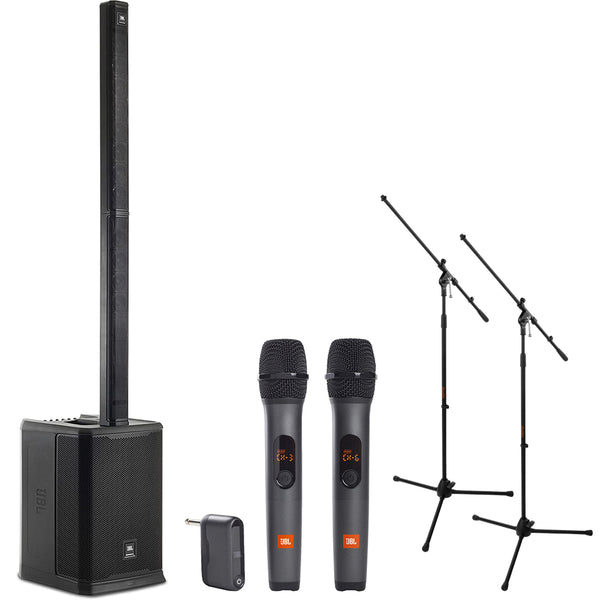 JBL PRX ONE All-in-One Powered Column Array PA System with Mixer and DSP Bundle with JBL Wireless Microphone System (2-Pack) and 2x Mic Stand with Fixed Boom